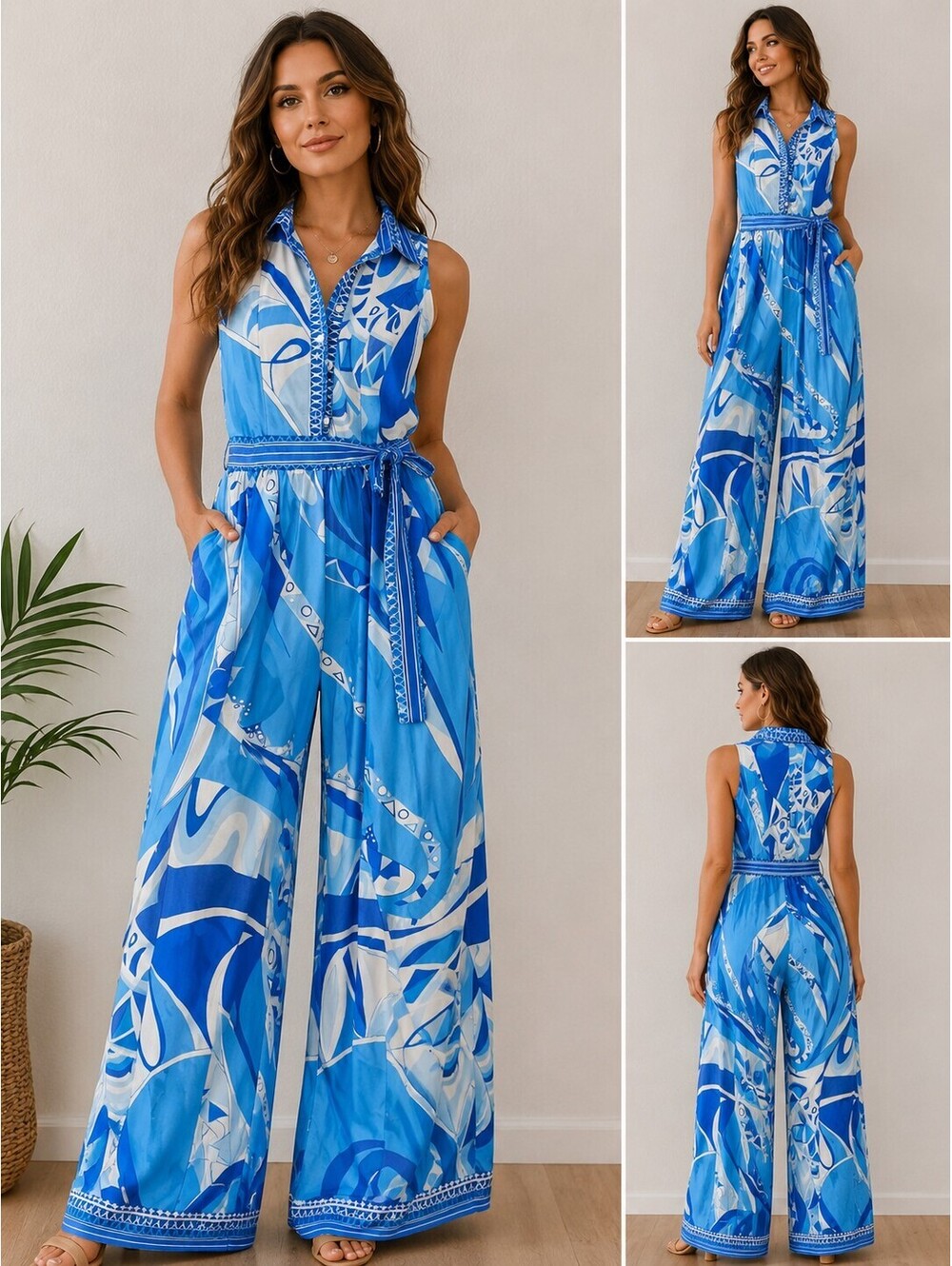 Fashion Nova Blue White Abstract Print Wide Leg Palazzo Jumpsuit Belted